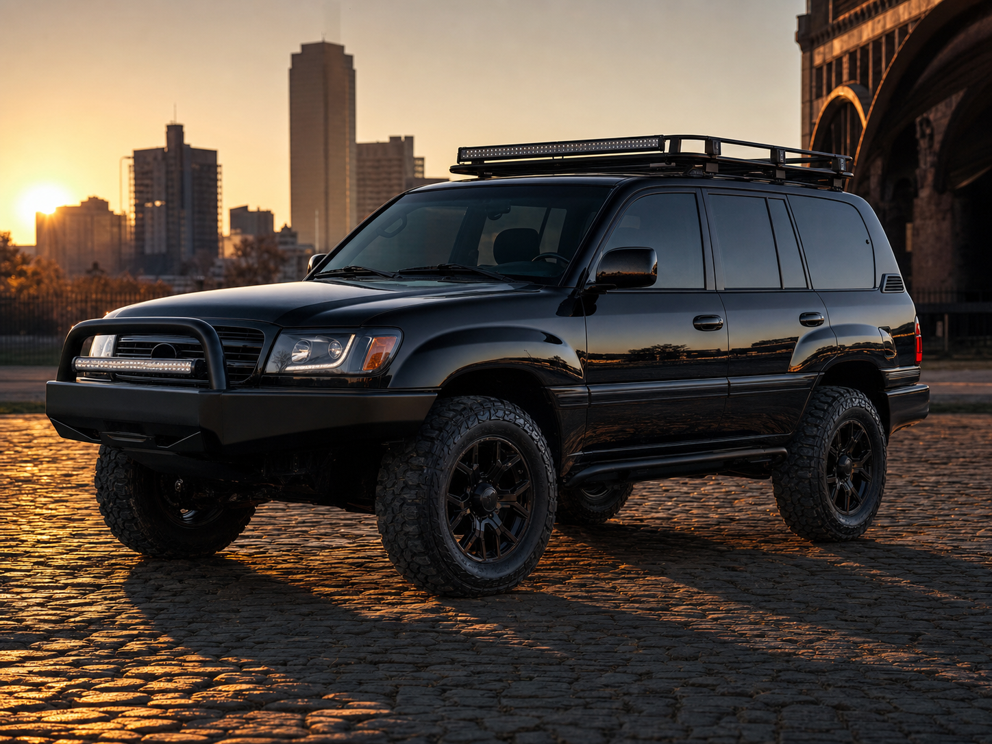 Dynasty vision concept render of a fully-loaded 2006 Land Cruiser 100 build — gloss black, ARB front bumper with light bar, low-profile roof rack, lifted on satin black wheels, golden hour cityscape behind