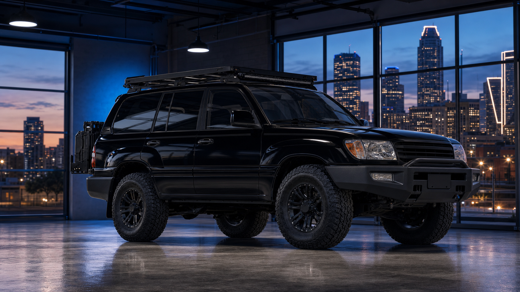 2006 Land Cruiser Custom Spec vision build — obsidian black candy pearl, downtown garage at twilight