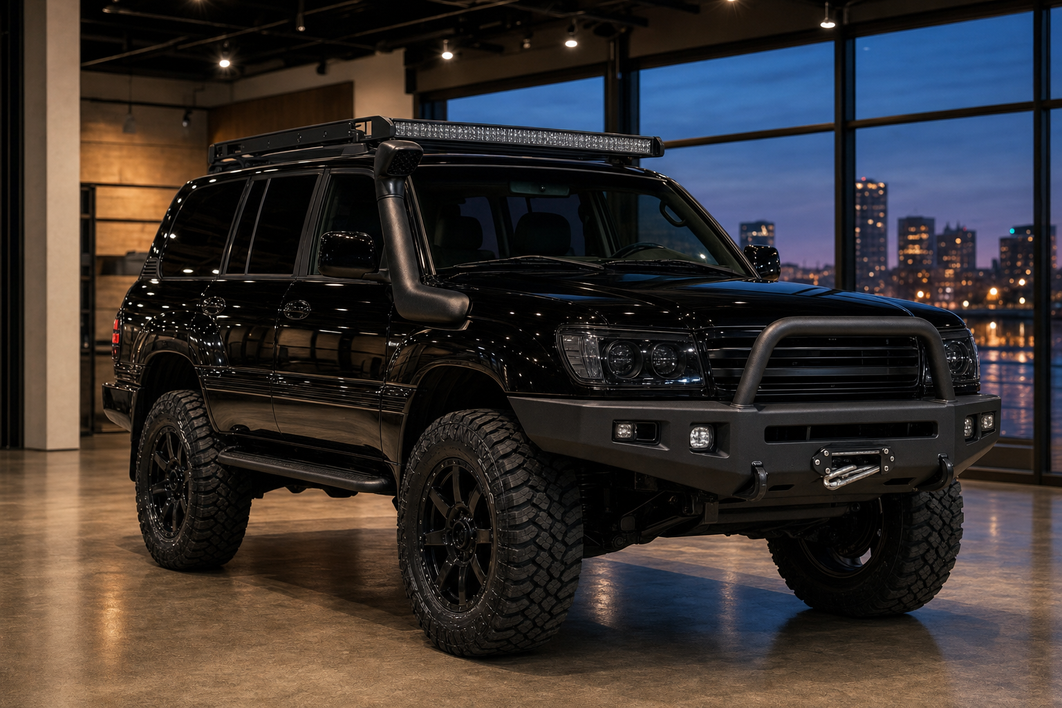 Fully-Loaded concept render — Don's actual Land Cruiser transformed into a gloss black maxed-out build with ARB winch bumper, snorkel, light bar, lifted on satin black wheels, Dynasty shop interior