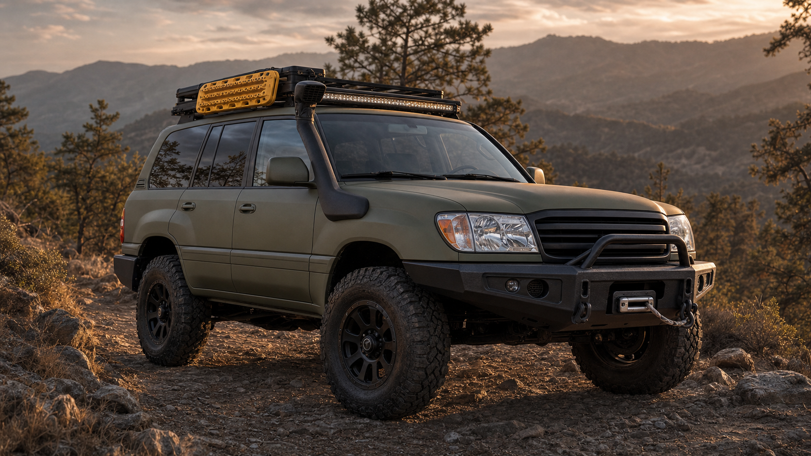 2006 Land Cruiser Off-Road Edition vision build — matte olive green with snorkel, MAXTRAX, light bar, mountain trail at dusk